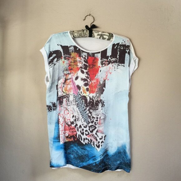 Christine LAURE Women's Round Neck Mixed Print Top T-Shirt Size 1 Cap Sleeve - Picture 1 of 8